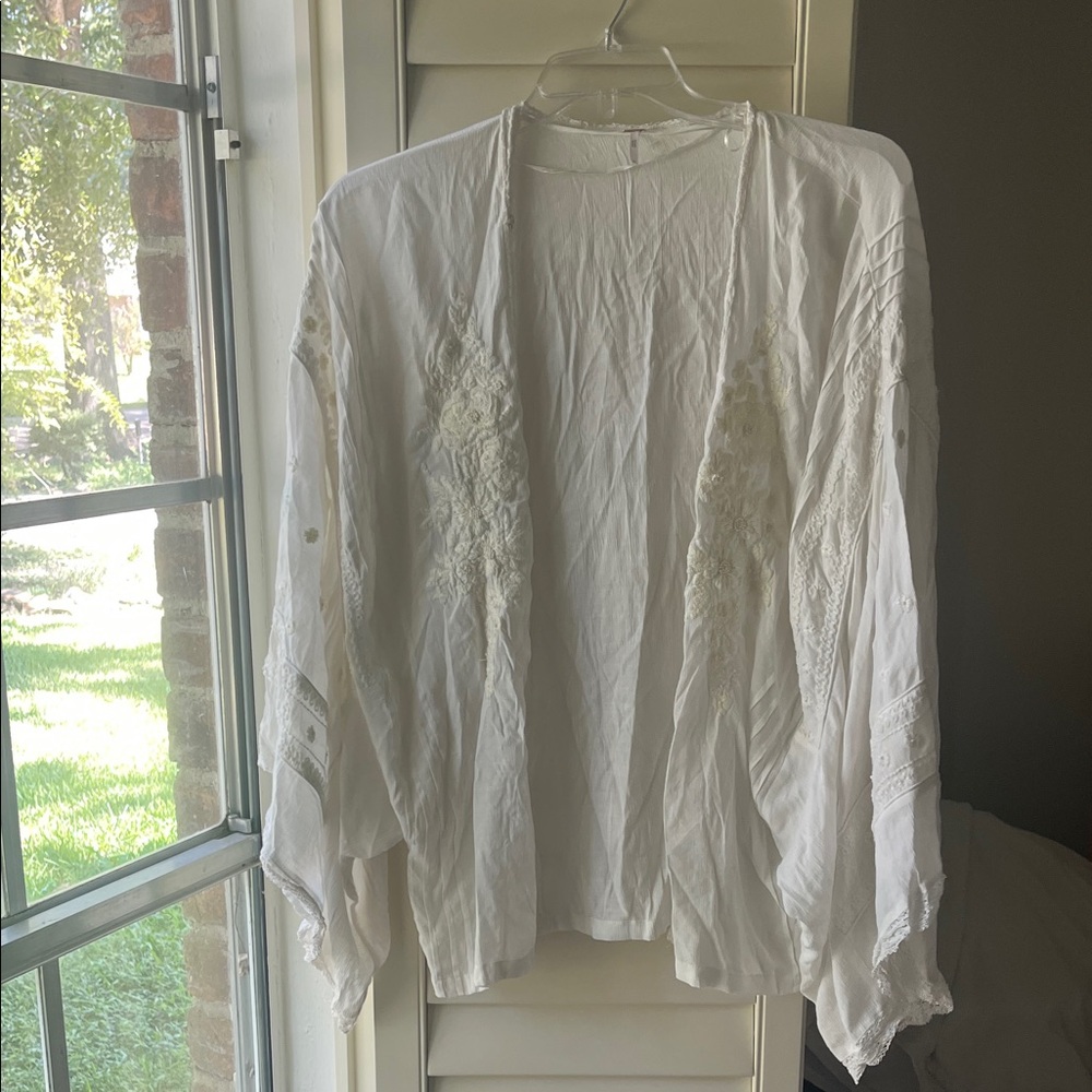 Free People Embroidered Cotton Kimono White Cardigan